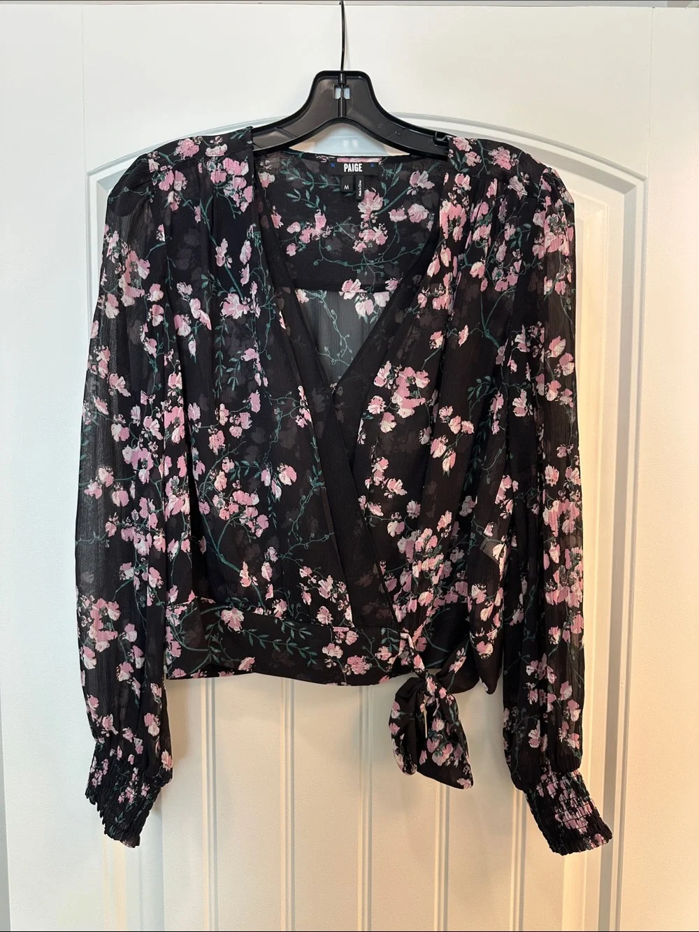 PAIGE Black Sheer Wrap Blouse with Pink Floral Print - Picture 1 of 3